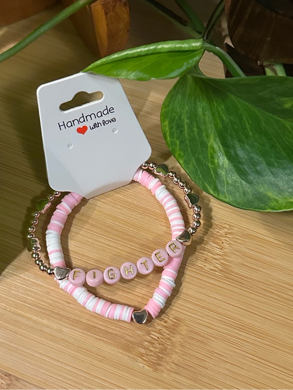 🎀Breast Cancer Awareness 2-PC Stretchy Bracelet Set| Handmade | Fighter Stack🎀